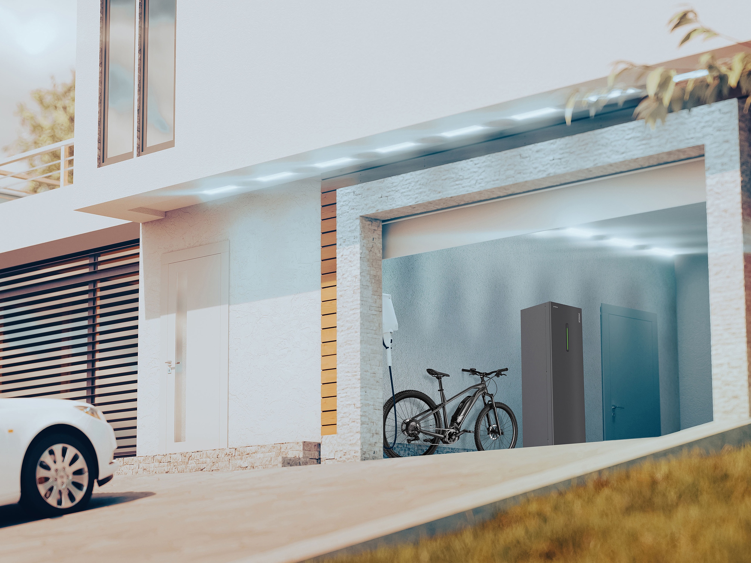 Der Storac von Prolux A concept for a home hydrogen system to store solar energy and power electric and hydrogen cars. A modern house with an open garage and a car in the afternoon light. 3d rendering.