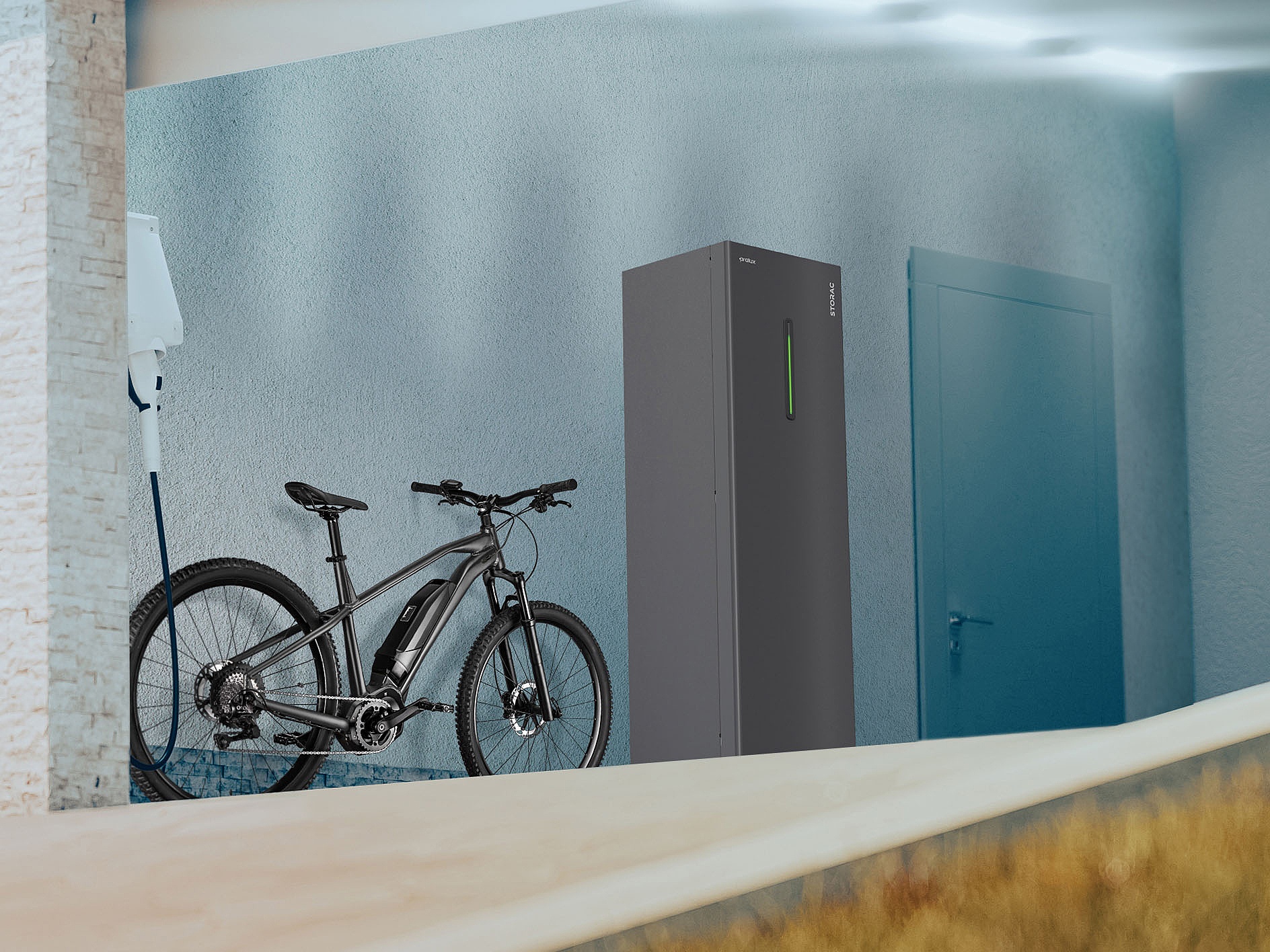 Heimspeicher Storac Haus A concept for a home hydrogen system to store solar energy and power electric and hydrogen cars. A modern house with an open garage and a car in the afternoon light. 3d rendering.